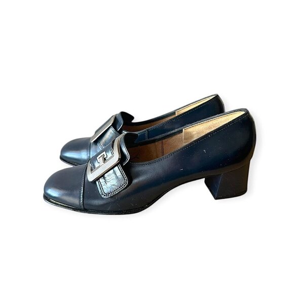 Vintage Navy Leather Slip On Heel with Large Buckles. Size 8.5. Inspirations by - Picture 4 of 13